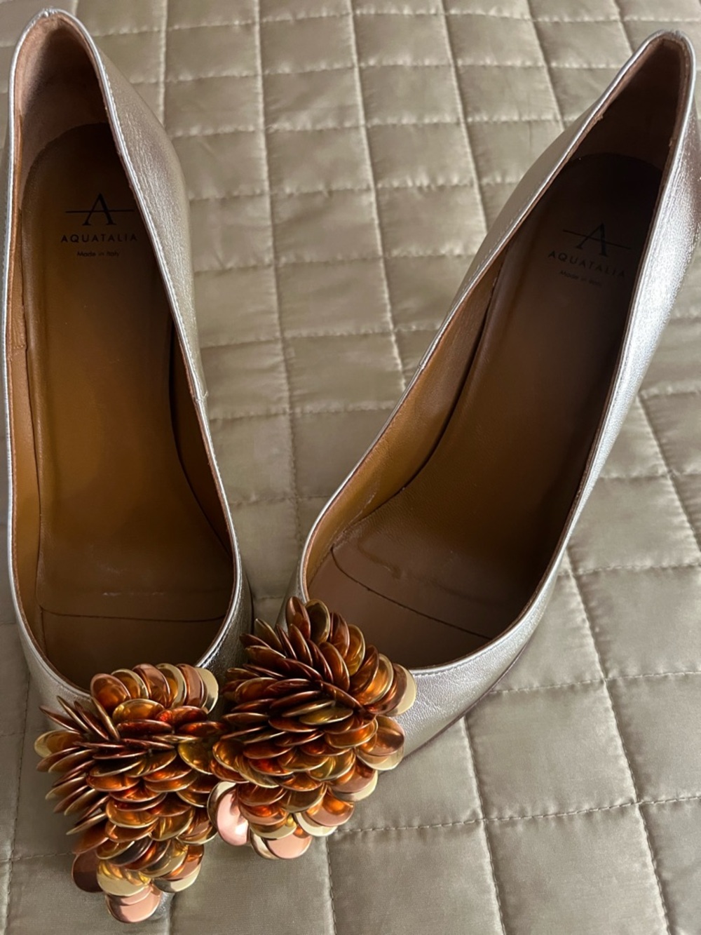 Aquatalia Metallic Silver gold Pumps with Copper Floral Accents